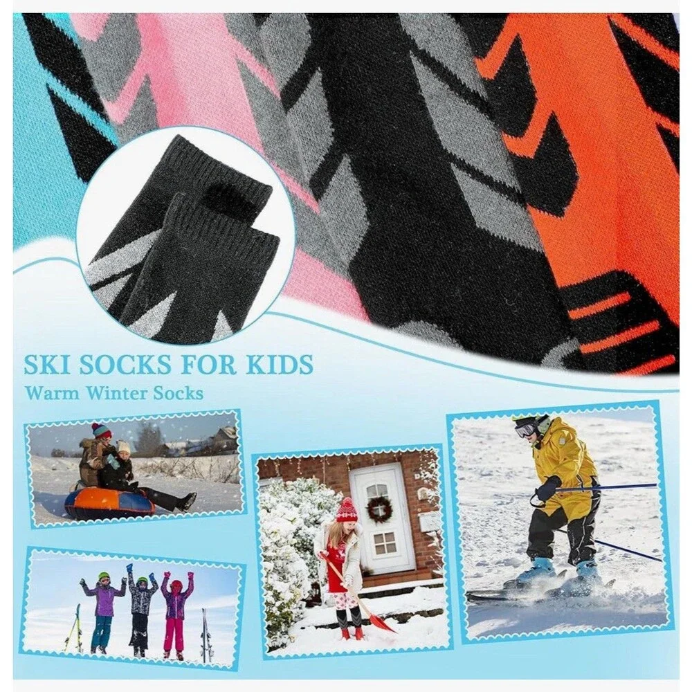 Warm Kids Ski Socks - 2 Pairs Merino Wool Skiing Socks Winter size 11-13 Black